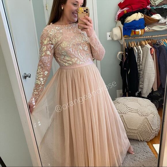 Needle & Thread Blush Pink Sequin Long Sleeve mesh Open Back Tulle Maxi Gown 6 - Picture 6 of 16